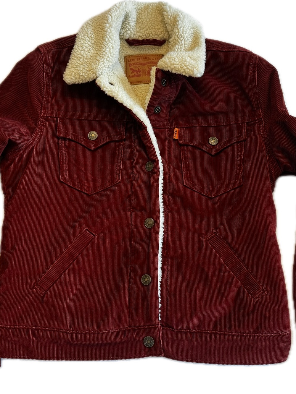 Levi's Women's Corduroy Sherpa Jacket in Deep Red with Cream Collar